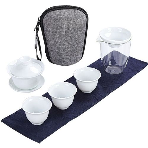 Dehua White Porcelain Travel Teapot Set with Three Cups and Lid, Outdoor Portable Simple Carry Bag with Custom Logo