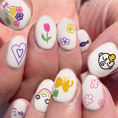 Adorable child-like false nails with colorful summer floral designs, small short oval unorthodox nail art wearable nail pieces