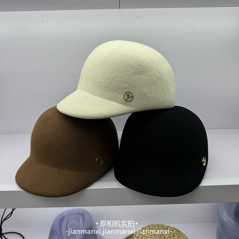 秋冬日系名媛澳洲羊毛呢复古白色鸭舌帽子女时尚定型小檐马术帽|undefined