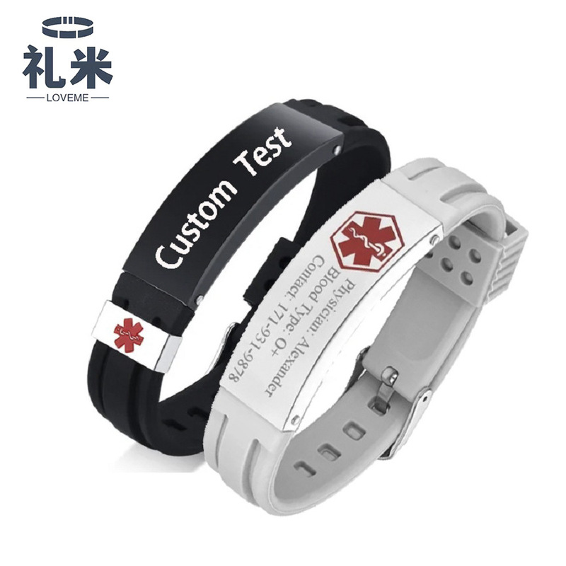 14MM Men's Bracelet Medical Warning Bracelet Corrosion Engraving Silicone Stainless Steel Bracelet Cross-border Hot Selling in Europe and America
