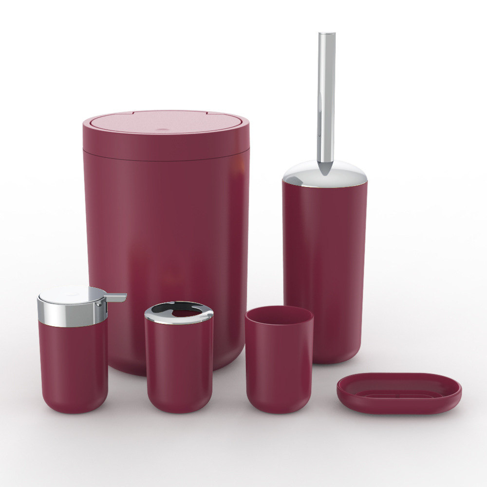 Plástico de color sólido plateado seis piezas conjunto de cepillo de dientes caja de jabón cepillo de inodoro almacenamiento baño conjunto de lavado