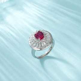 复古时尚S925纯银跨境椭圆冰花切培育红蓝宝石气质高端女士戒指