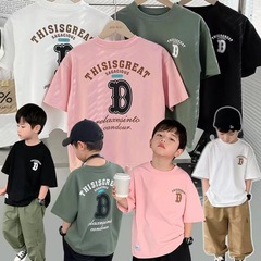 Stylish Letter Print Cotton Short Sleeve T-Shirts for Boys and Girls, Summer Outfits for Middle-Aged Children, Loose and Versatile Top