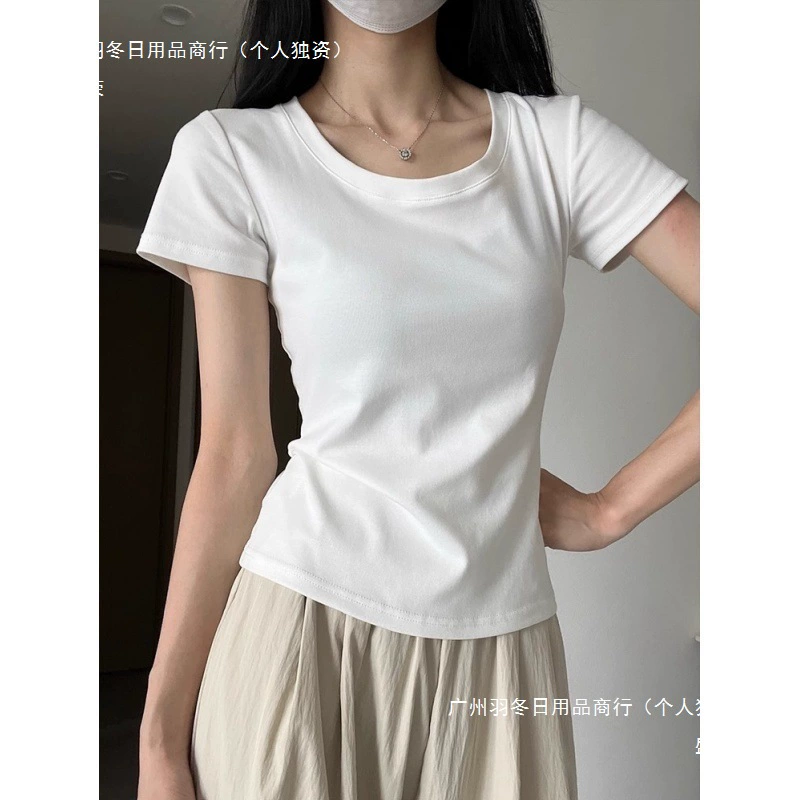 Белая женская футболка с короткими рукавами на правое плечо, весна и лето 2025, новый облегающий топ для похудения с внутренней стороны, женский нижний хлопковый топ с U-образным вырезом