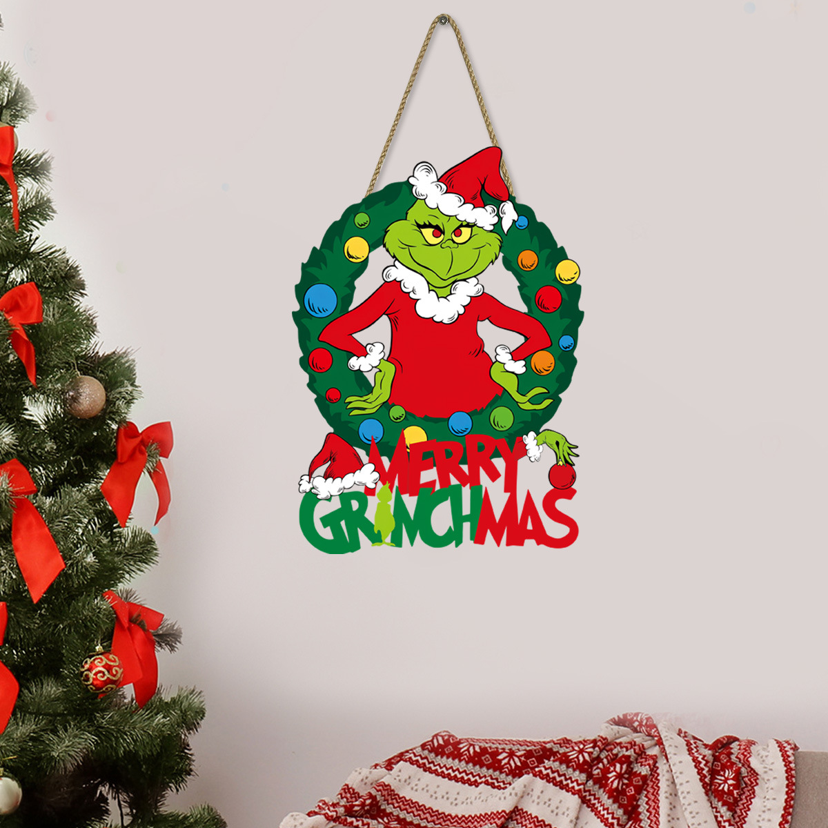 Letreros de madera de Navidad colgantes de pared festivos decoración de pared Grinch colgantes colgantes de puerta de pelo verde