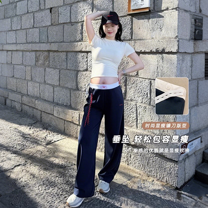 孕妇裤夏季外穿薄款美式复古运动卫裤不勒肚子宽松直筒休闲阔腿裤|undefined