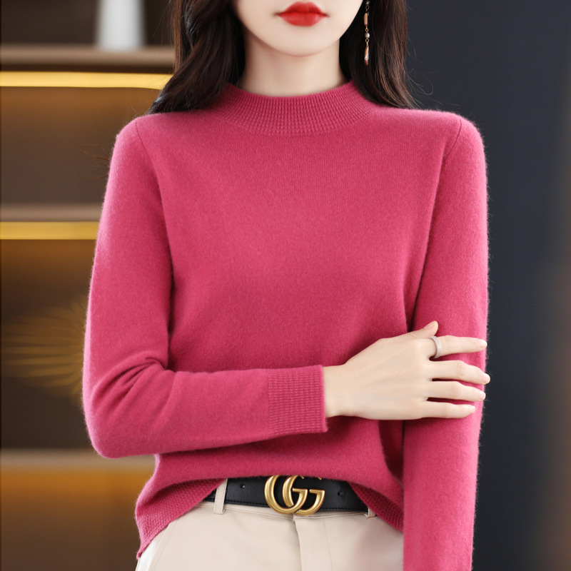 First-Line Clothing Pure Wool Women's Threaded Semi-High Collar Base Shirt Loose Long-Sleeved Pullover Knitted Long-Sleeved Casual Top