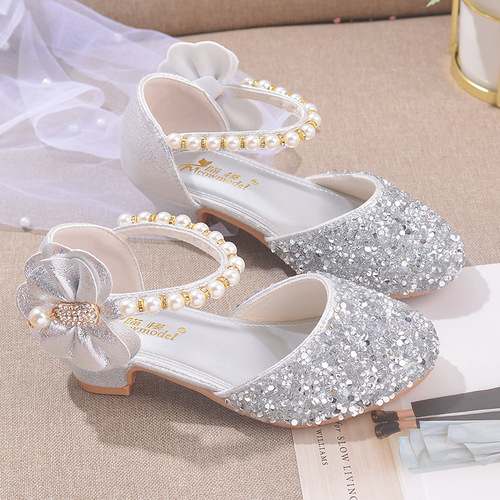 Children's High Heels, Girls' Princess Formal Shoes, Children's Crystal Shoes, Single Shoes, Pearl Sparkle Stage Performance Shoes