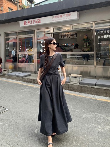 Niche Design Cross-Strap Short-Sleeved Dress Summer Women's Elegant Waist-Control Slimming A-Line Long Skirt