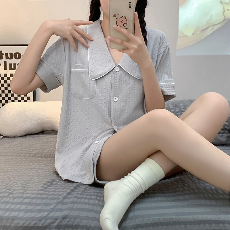 (2개) 코튼 파자마 여성 여름 새 옷깃 카디건 반팔 반바지 캐주얼 루즈 달콤한 소녀의 집 얇은 세트