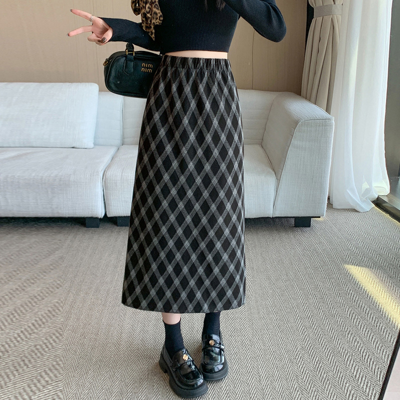毛呢格子半身裙女秋冬季2025新款高腰显瘦休闲a字中长款包臀裙子|undefined
