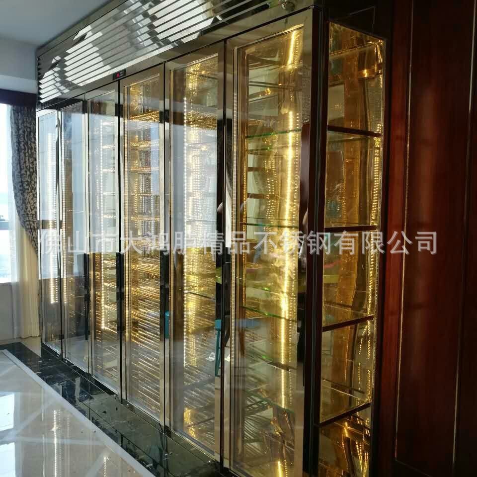 来图定制加工豪宅别墅配LED暖光光源镜面古铜色轻奢不锈钢红酒柜