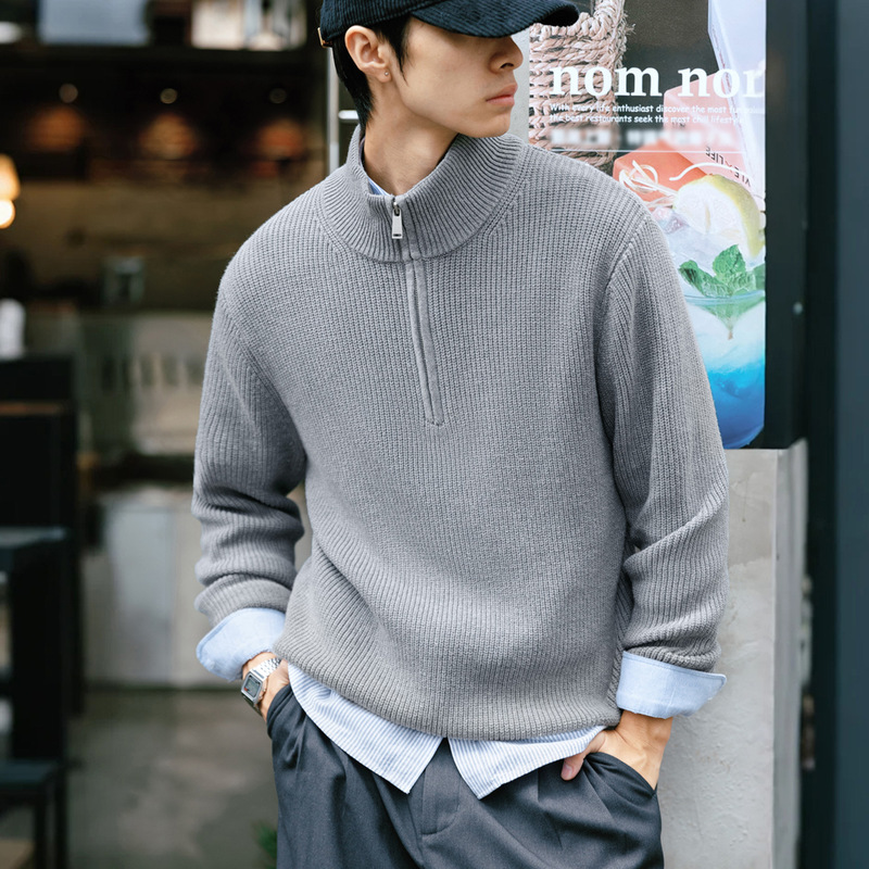 Mra Men's Stand-Up Collar Half-Zip Polo Knitwear Sweater Dropped Shoulder Sleeves Half Turtleneck Pullover Open Collar Sweatshirt Autumn and Winter