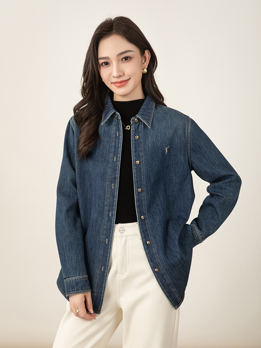 Áo sơ mi denim nữ dáng rộng tay dài, phối lớp retro, có lót nhung ấm — màu xanh