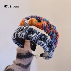 直播！韓國秋冬彩色毛線復古羊絨麻花辮水晶鏈條發卡頭箍髮飾