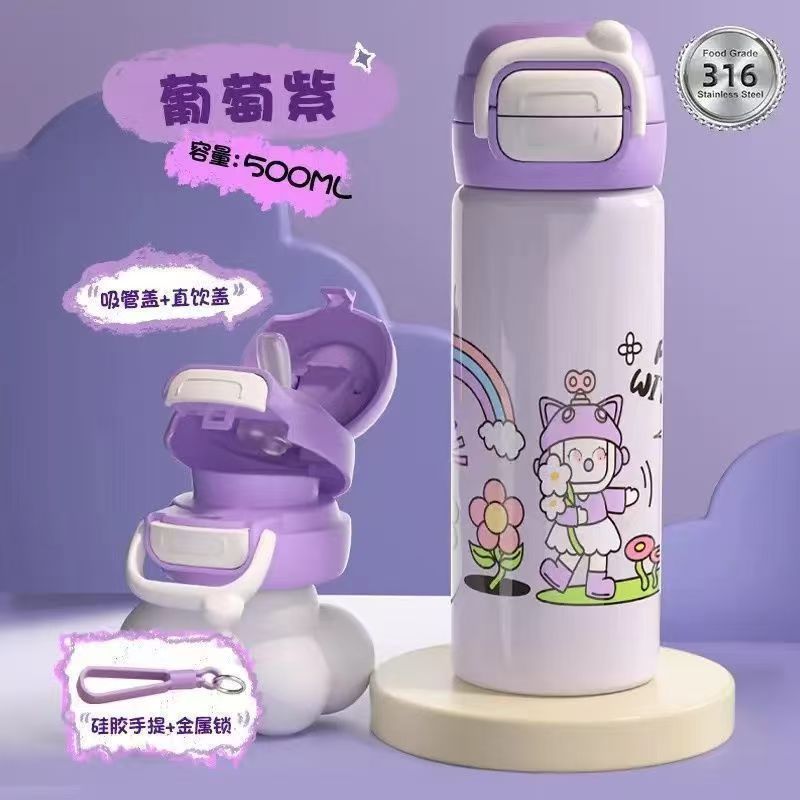 Taza de calentamiento para niños rojo de alta cara caricatura encantadora para bebés de bebés de dos bebidas taza de paja de acero inoxidable 316