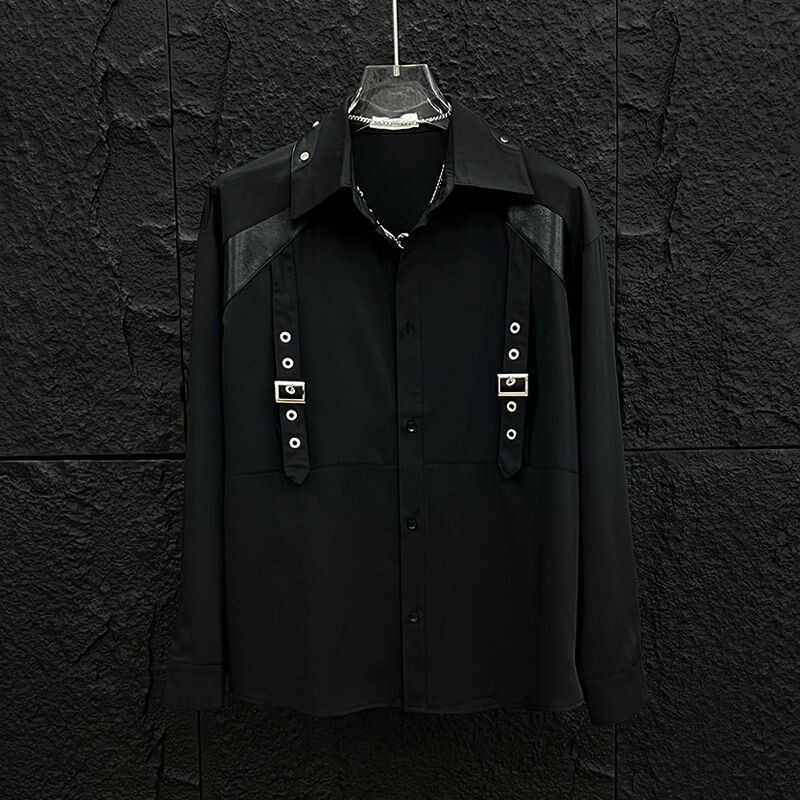 2025 New Style Stylist Pi Shuai Spring Casual Shirt Men's Korean Style Fashion Stitching Strap Design Long Sleeve Shirt