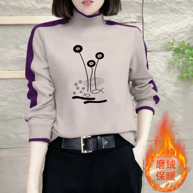 德绒插肩长袖t恤女2025秋冬新款宽松时尚拼接撞色印花上衣打底ins