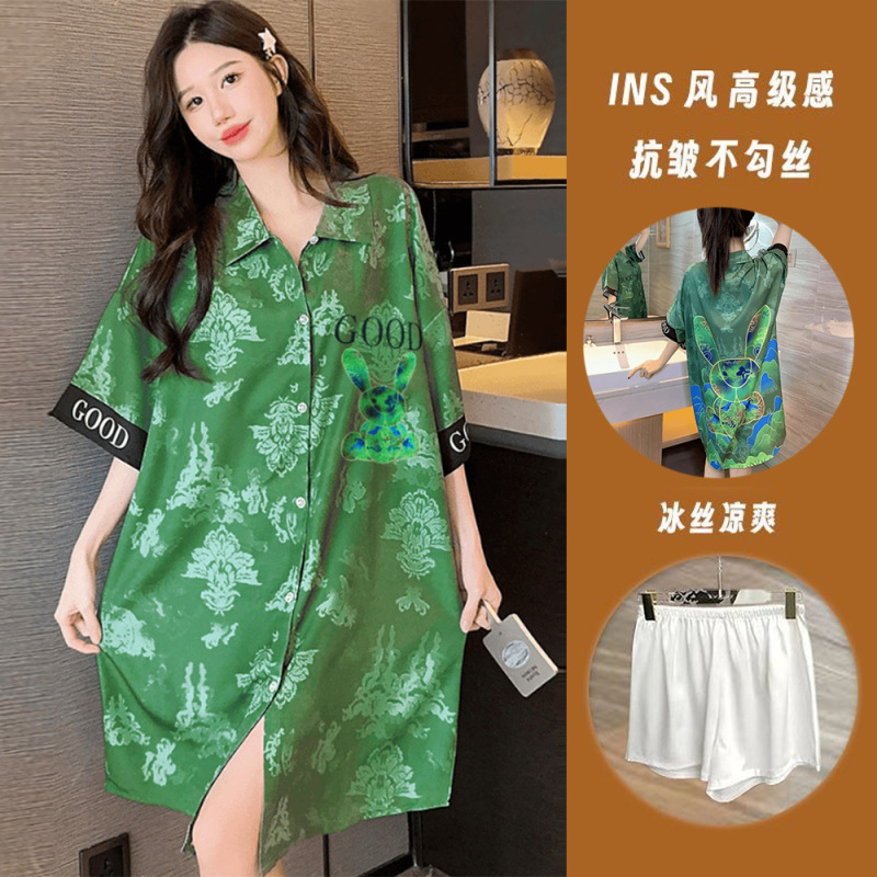 Plus Size Fat Girl 100kg Ice Silk Nightgown for Women Summer New Thin Cartoon Student Ins Style Cardigan Home Wear