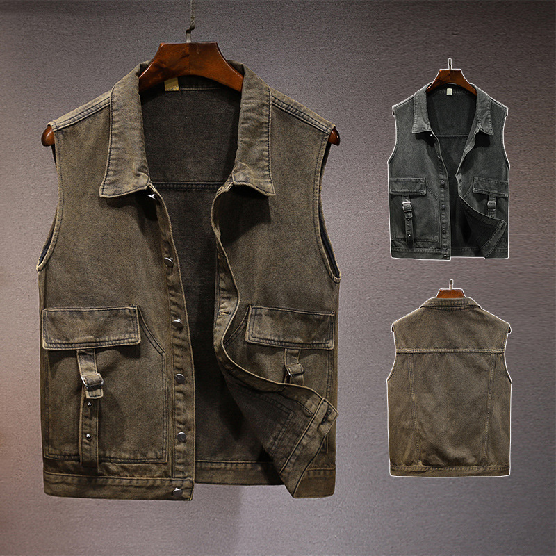 Cross-border New Trendy Men's Vest Shoulder Four Seasons Loose Fashion Motorcycle Pocket Tooling Denim Vest Men's Vest