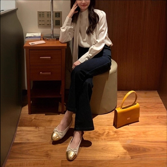 Jeju Pearlescent Exquisite Lace-Up Silky Commuter Shirt High-End Elegant Long-Sleeved Shirt for Women