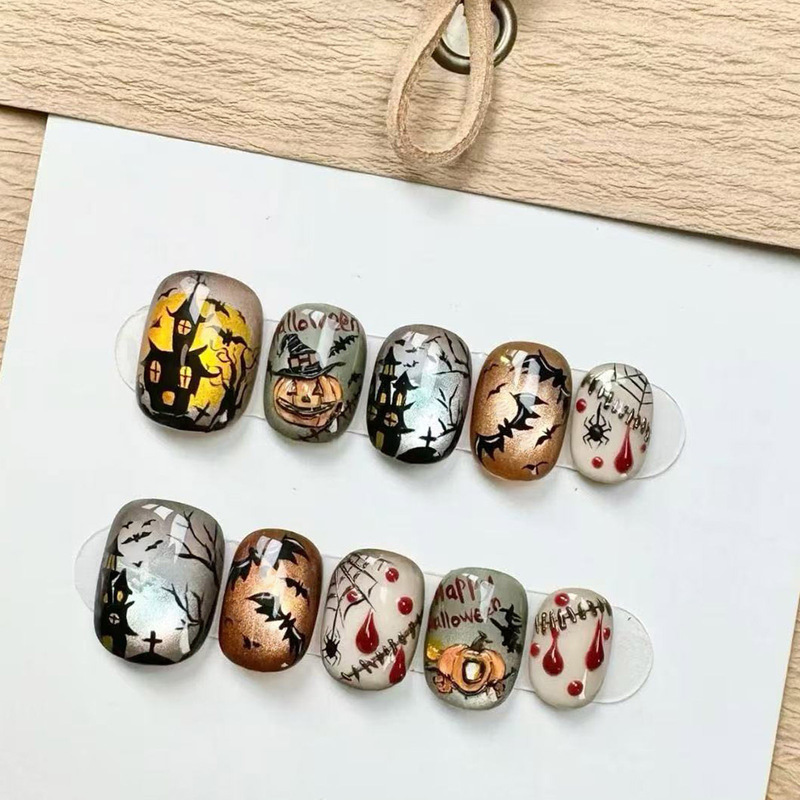American Retro Halloween Pumpkin Haunted House Nails, Short Square Round Gradient Cat Eye Rhinestone Decorations, Festive Atmosphere Nail Pieces