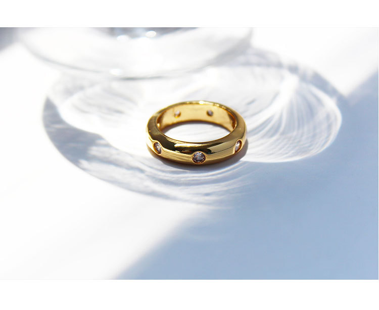 Gold Color Brass Plated Fashionable Retro Micro-encrusted Zircon Glossy Rough Gold Copper Ring Stacking