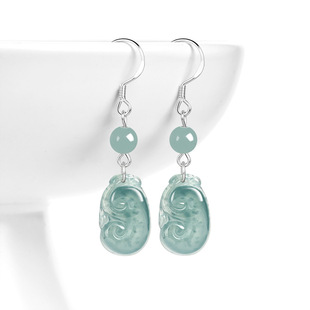 Natural A goods jade blue water Ruyi earrings S925 silver ice jade stone fashion women's earrings earrings simple