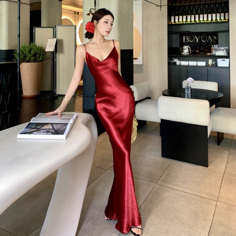 Vintage Sling Red Acetic Acid Sexy Swing Collar Long Dress Sheath Slimming Backless Party Dress dress Women