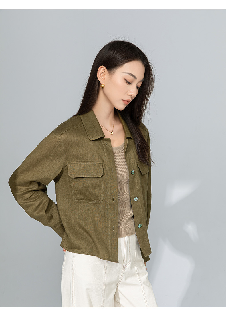Áo sơ mi nữ vải lanh mỏng cổ polo tay dài rộng rãi phong cách xuân hè — Xanh ô liu chi tiết 23