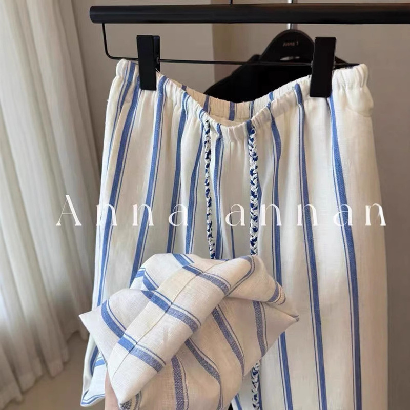 Highly Recommended! Blue and White Striped Linen Wide-Leg Pants 2025 Summer Lazy Drape Cotton-Linen Floor-Length Pants