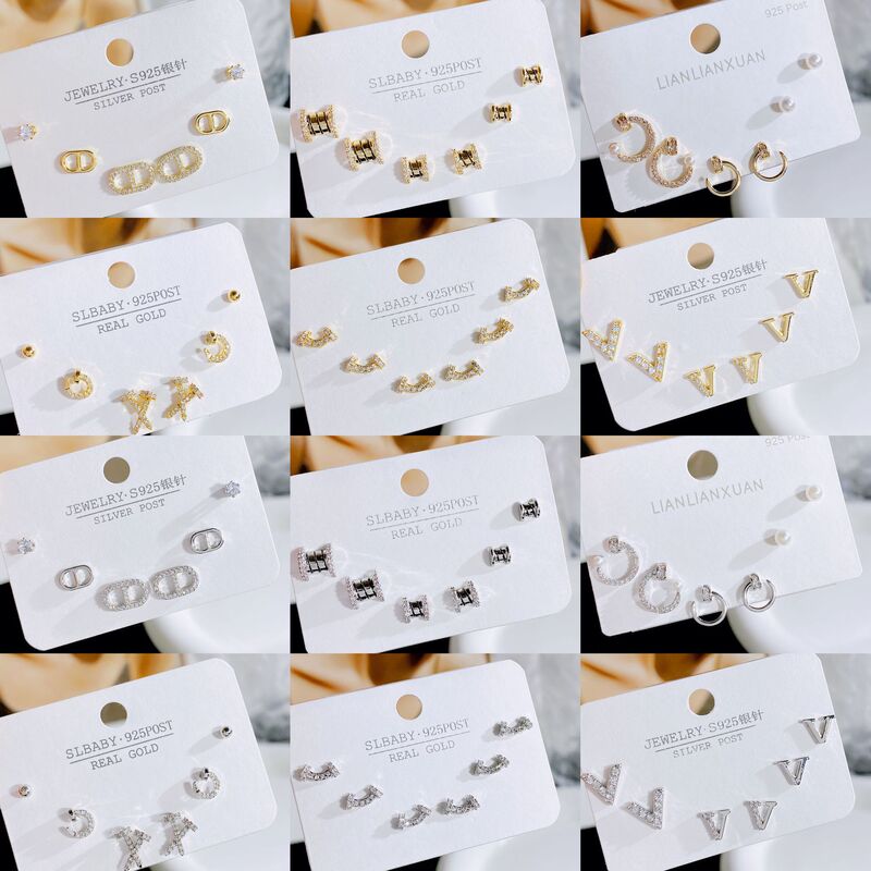 SLBABY exquisite small diamond-embedded three pairs of earrings s925 silver needle elegant simple multi-pair earrings SLBABY exquisite small diamond-embedded three pairs of earrings s925 silver needle elegant simple multi-pair earrings