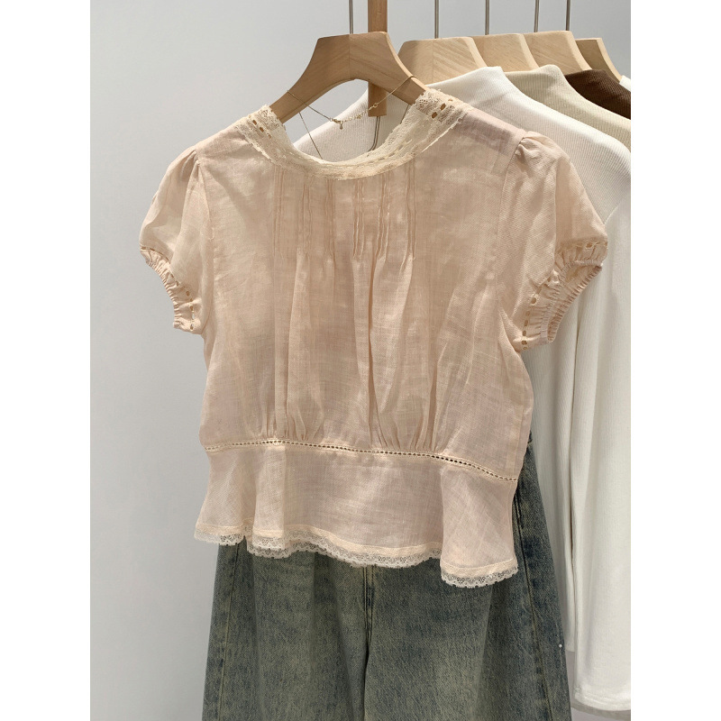 [in Stock] Gentle Style Lace Patchwork Puff Sleeve Chiffon Blouse Summer New Lyocell Tencel Ramie Short Top for Women
