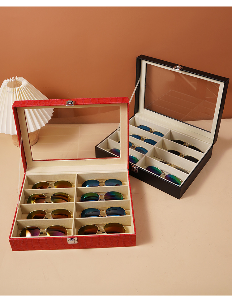 Cutie de depozitare ochelari de soare fashion luminator din piele cu grilă multiplă cutie de depozitare ochelari de soare mari, cutie de colecție expoziție de bijuterii_voghion.com