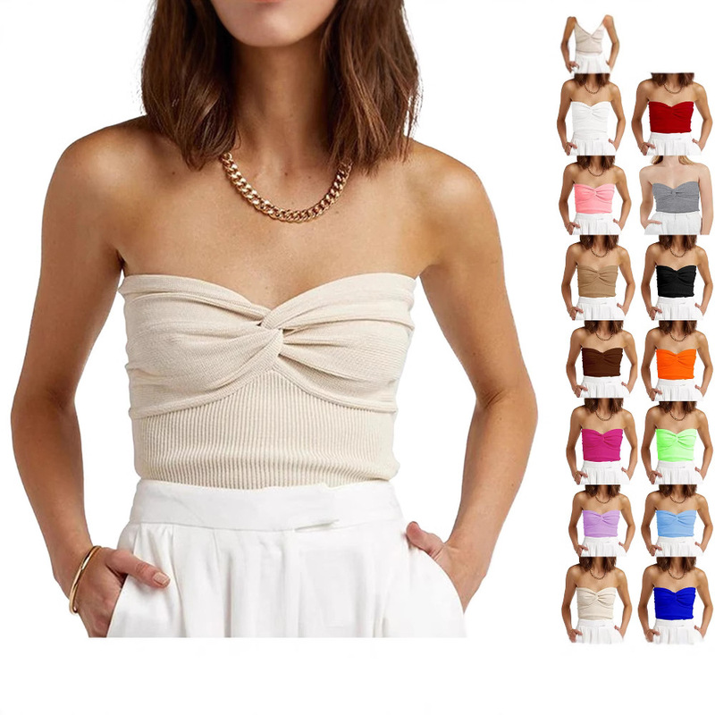 2024 European and American Women's Spring and Summer New Solid Color Sexy Twisted Sling Short Tight Backless Tube Top Knitted Sweater
