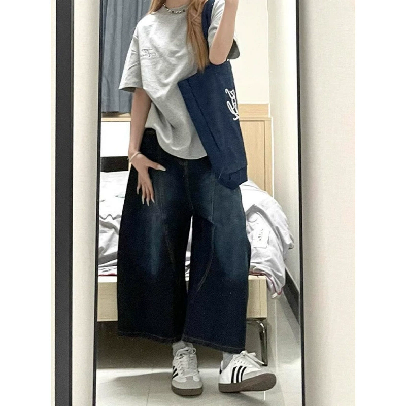 Женские джинсовые/хлопковые брюки больших размеров в американском стиле с вышивкой на спине, новые летние укороченные брюки с драпировкой и изогнутым краем.