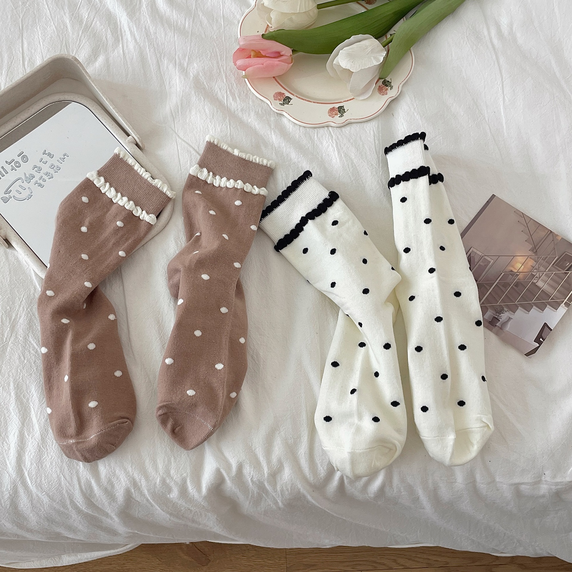 60g Weight Socks Classification Socks Lingerie Type Cotton Fabric Type A Pair Quantity Daily Occasion Polka Dots Pattern Spring, Autumn Season Women's Gender Elegant Style Elegant Women's Polka Dots Cotton Crew Socks A Pair 26