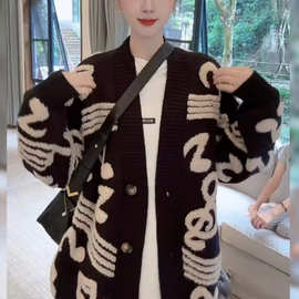 哥家商场同款女装2025秋季新款加厚V领中长款慵懒针织毛衣外套