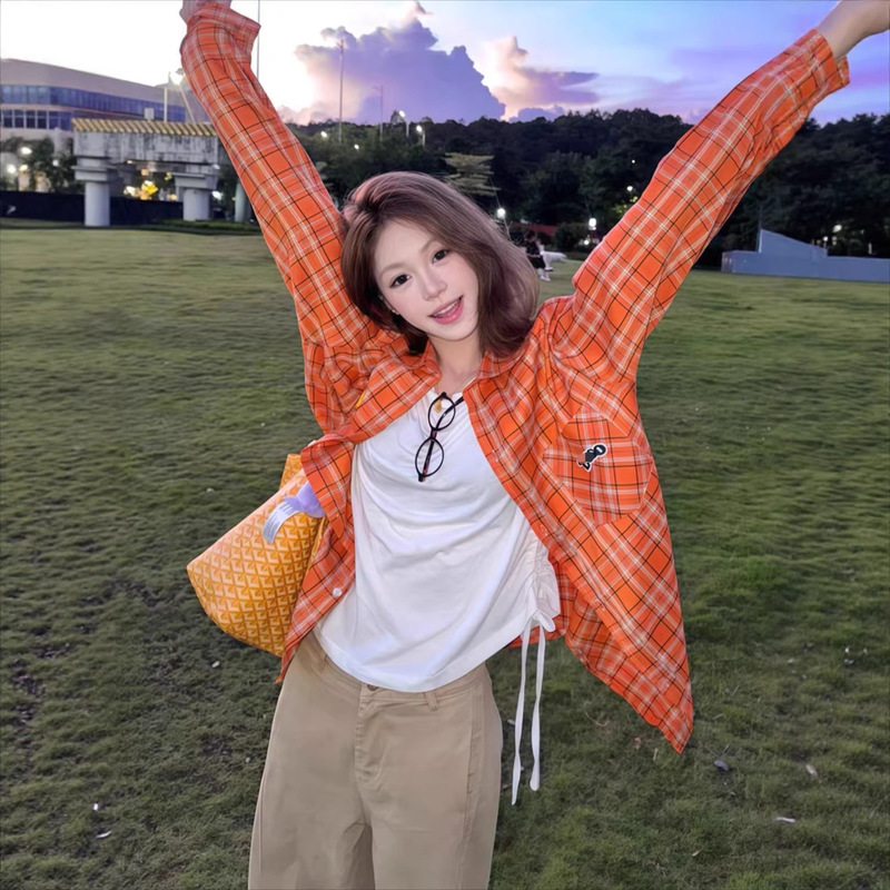 Lazy Style Orange Embroidered Plaid Shirt for Women 2026 Early Autumn New Korean Style Loose Shirt Long-Sleeved White-Enhancing Jacket Lazy Style Orange Embroidered Plaid Shirt for Women 2026 Early Autumn New Korean Style Loose Shirt Long-Sleeved White-Enhancing Jacket