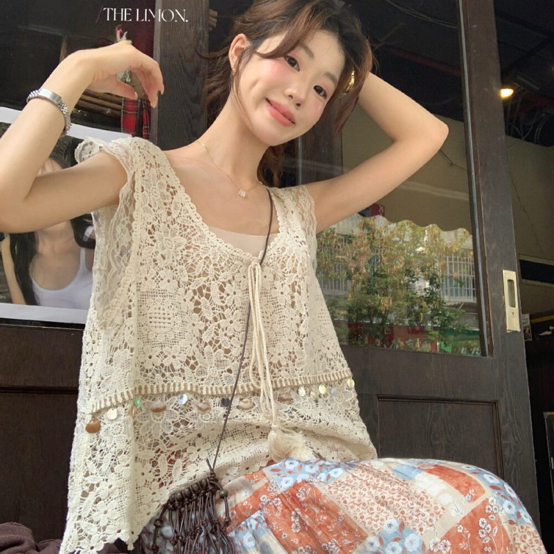 Lemon Green Tea Bohemian Hollow Lace Camisole Women's 2026 Summer V-Neck Tie Sleeveless Layered Top Lemon Green Tea Bohemian Hollow Lace Camisole Women's 2026 Summer V-Neck Tie Sleeveless Layered Top