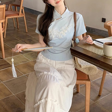新中式国风钉珠刺绣短袖T恤女装夏季甜辣设计感修身显瘦掐腰上衣
