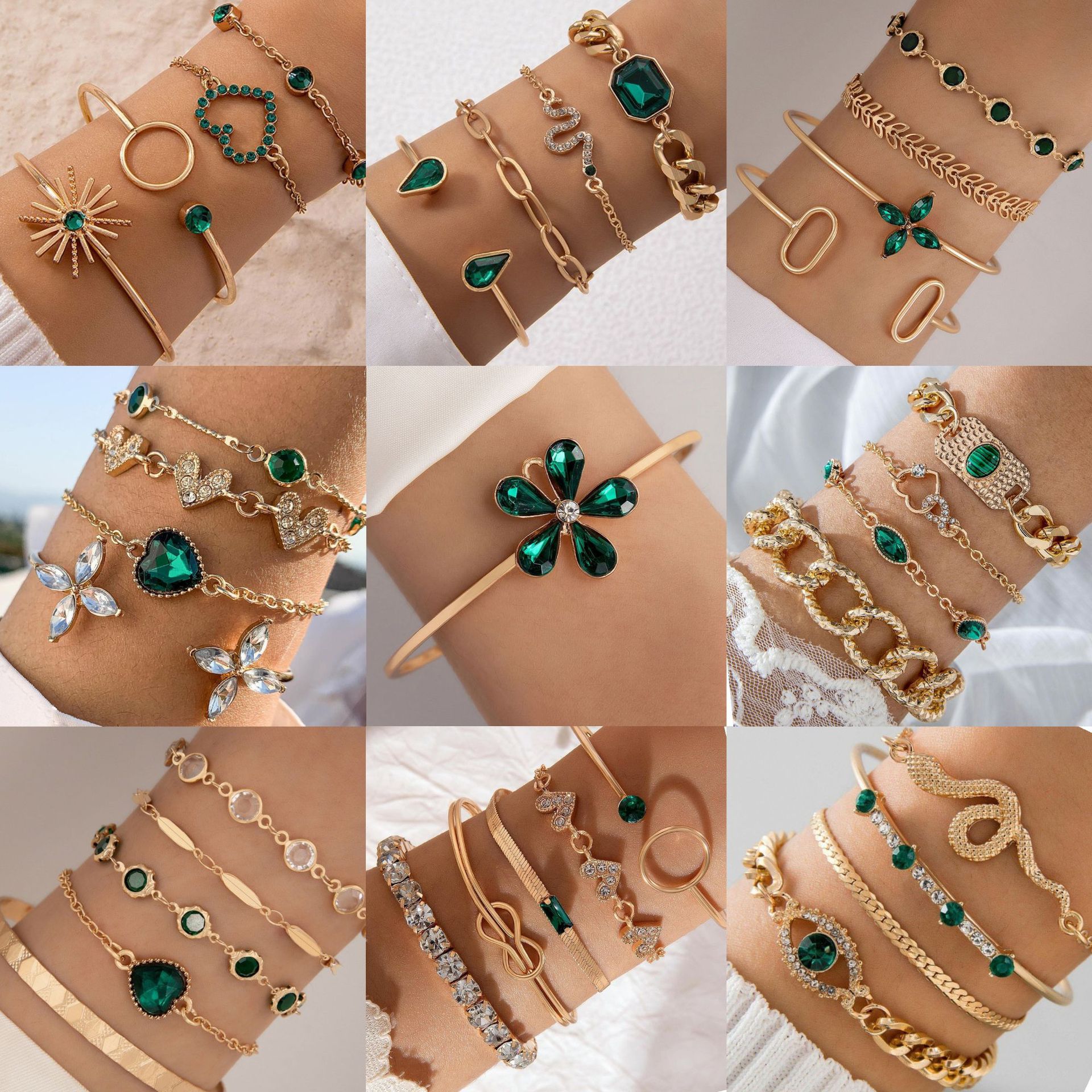 Cross-Border Jewelry Full Diamond Alloy Bracelet Set 
 Gold Imitation Emerald and Diamond Multi-Layer Bracelet Set Combination