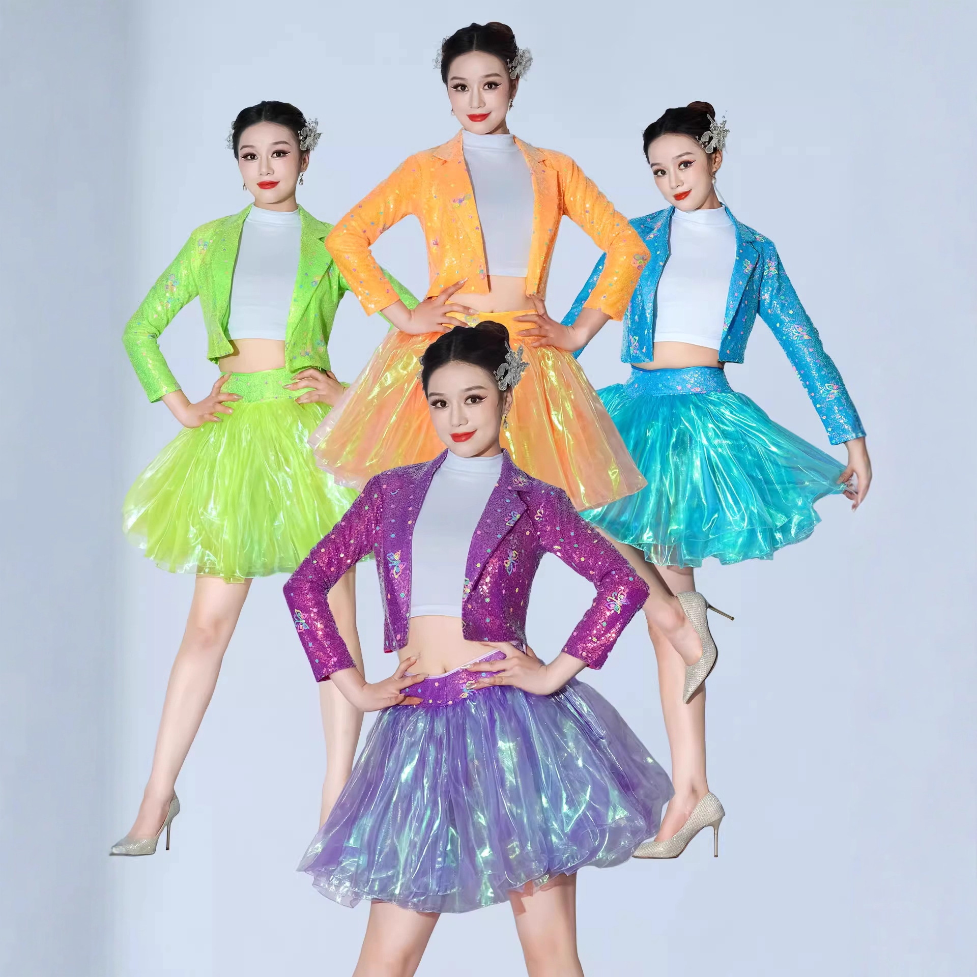 多巴胺彩色开场舞演出服彩虹色校园青春活力伴舞啦啦队中短裙舞服