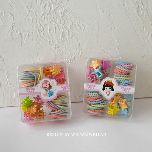 New boxed children's finger ring and small gripper combination, simple and versatile, candy-colored, daily basis, not harmful to hair