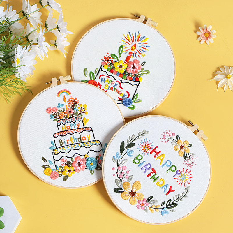 Nuevo original feliz cumpleaños bordado a mano material de bricolaje paquete pastel de cumpleaños vela fuegos artificiales deseo transfronterizo