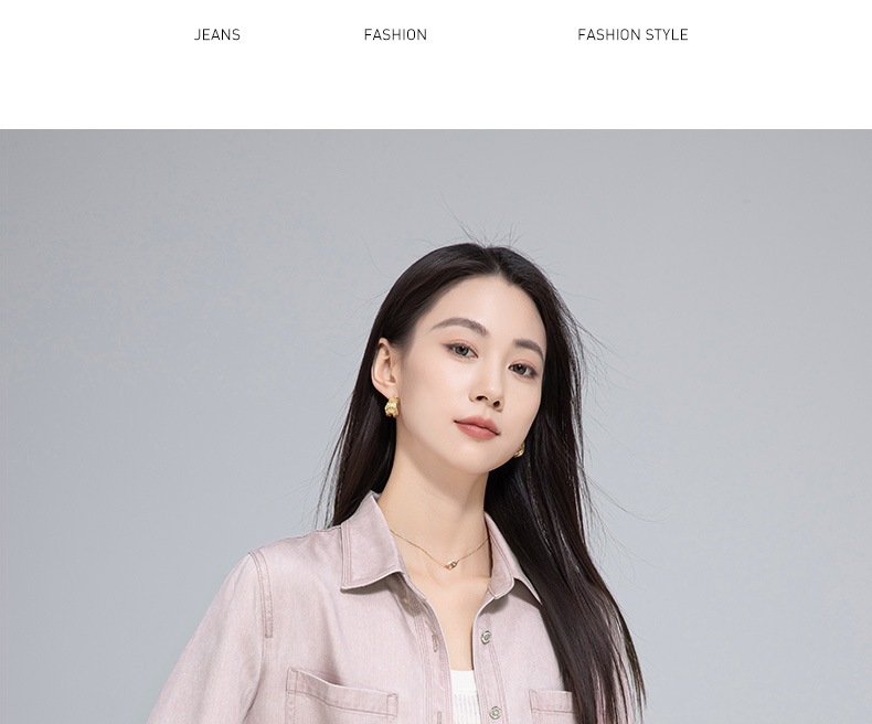 Áo sơ mi denim nữ tay dài phong cách đơn giản, chất liệu lyocell, có túi công vụ — Màu hồng chi tiết 22