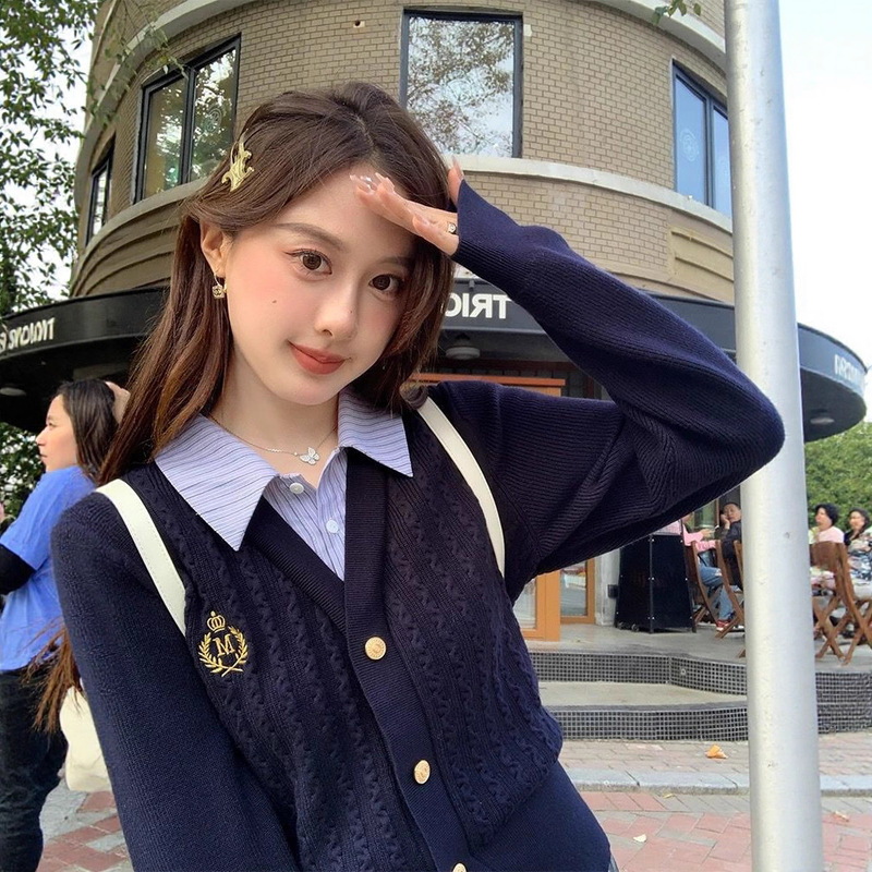 少し太ったmmカレッジスタイル偽ツーピースニットトップ女性のための秋と冬の新しいルーズでスリムなデザインのセータージャケット|undefined