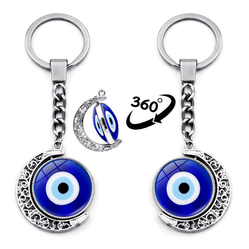 Blue Turkish Evil Eye Keychain Pendant Double-Sided Rotating Moon Pendant Metal Key Chain Hanging Jewelry