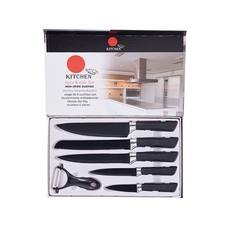 Inventario al por mayor nuevo acero inoxidable pulverización rosa diamante manija viejas seis piezas cuchillo conjunto de herramientas de cocina