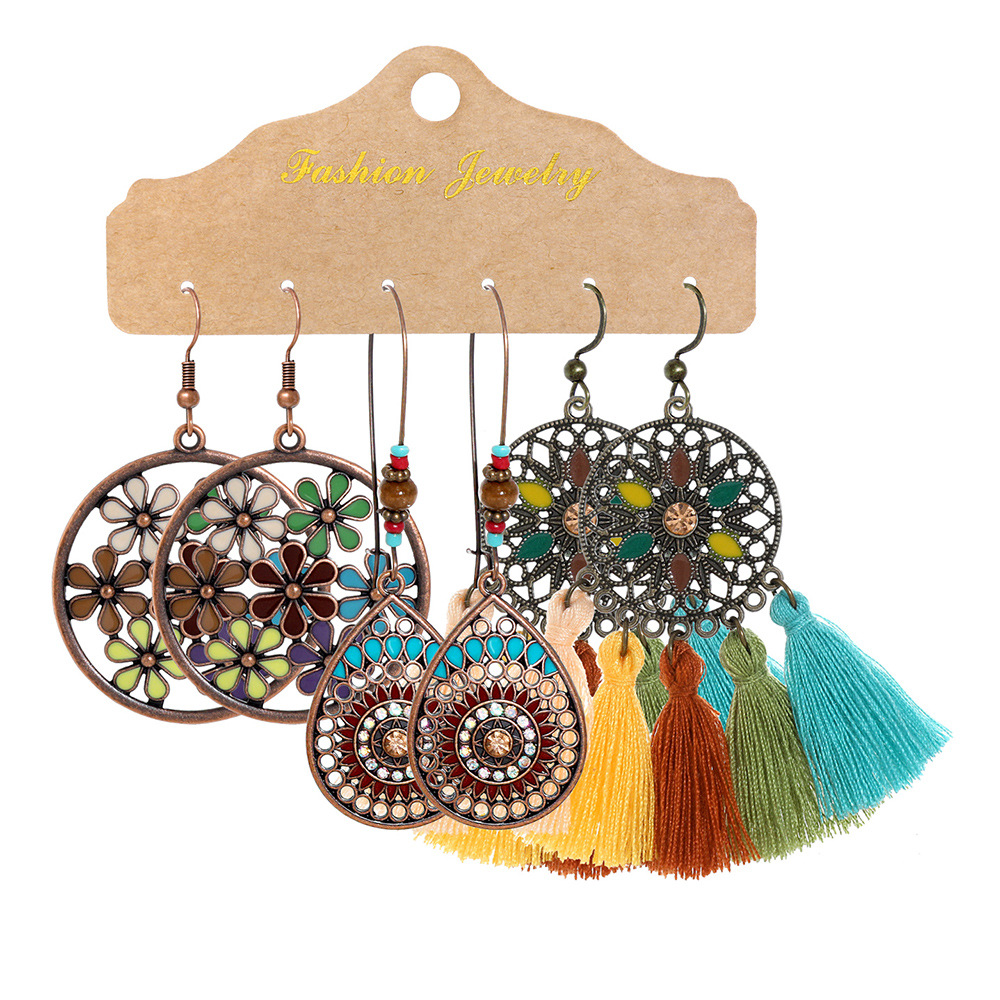 Hot Bohemian Tassel Earrings suit Combination Cross-border European and American Fashion Retro Ethnic Ear Jewelry